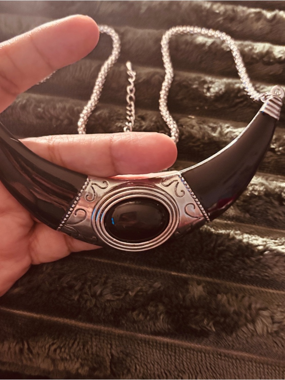 Black Crescent Horn Necklace with Silver-Tone Accent